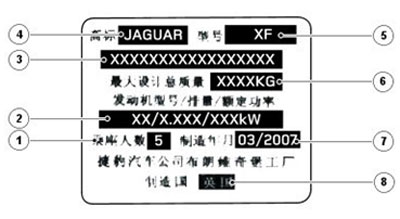 China (XF and XJ) Jaguar Factory Plate