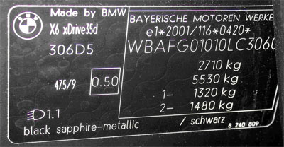 Sticker factory plates on the E 71 (X6), E 70 (X5), E 89 (Z 4), E 60/61 (5 Series from 11/06) and the F 01/02 (7 Series)