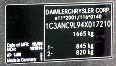 Different kinds of type plate or type sticker for Chrysler auto