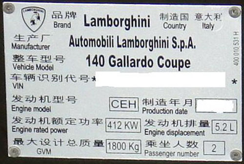 Lamborghini Gallardo Type Plate Composition and appearance