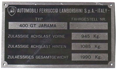 Lamborghini Jarama Type Plate Composition and appearance