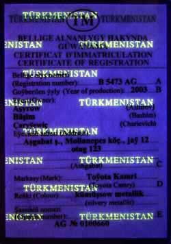 UV Photographs vehicle registration certificate of Turkmenistan