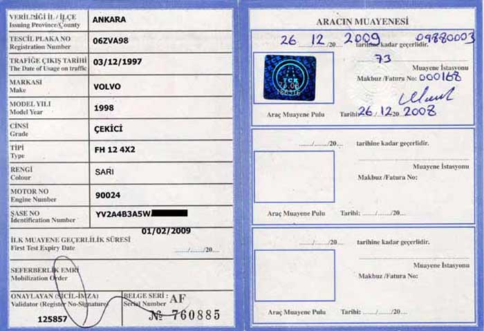 Technical vehicle registration certificate of turkey(new version)