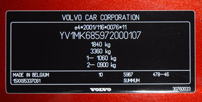Volvo C30 VIN Factory Plate Appearance 