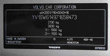 Volvo V70 VIN Factory Plate Appearance 