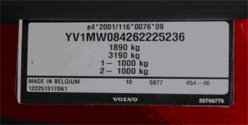 Volvo V50 VIN Factory Plate Appearance 