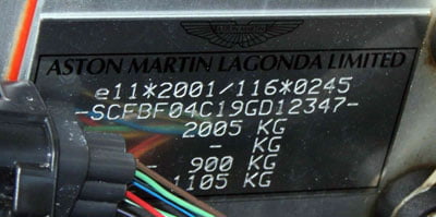 Aston Martin V8 Vantage Volante Factory Plate